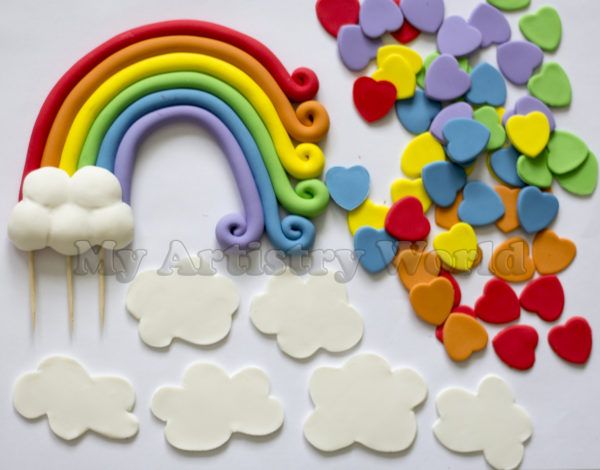 Rainbows, clouds and hearts cake toppers